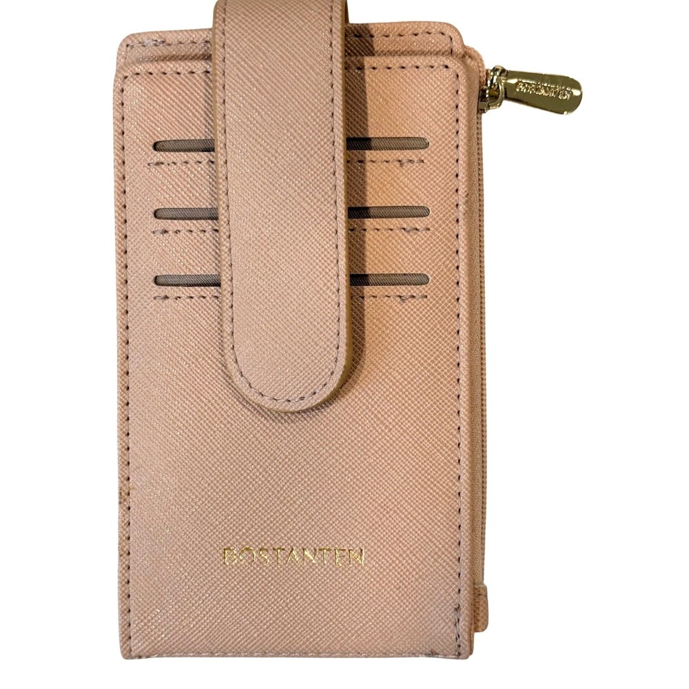 Bostanten Pink Saffiano Leather Slim Bifold Wallet Card Holder Gold Hardware